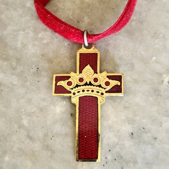Vintage Masonic Knights Templar Red Guilloche Enamel Cross Beauceant Necklace - Picture 4 of 7